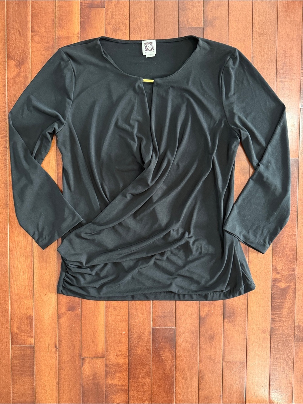 Anne Klein Black Draped Key Hole Long-Sleeve Top Size Large